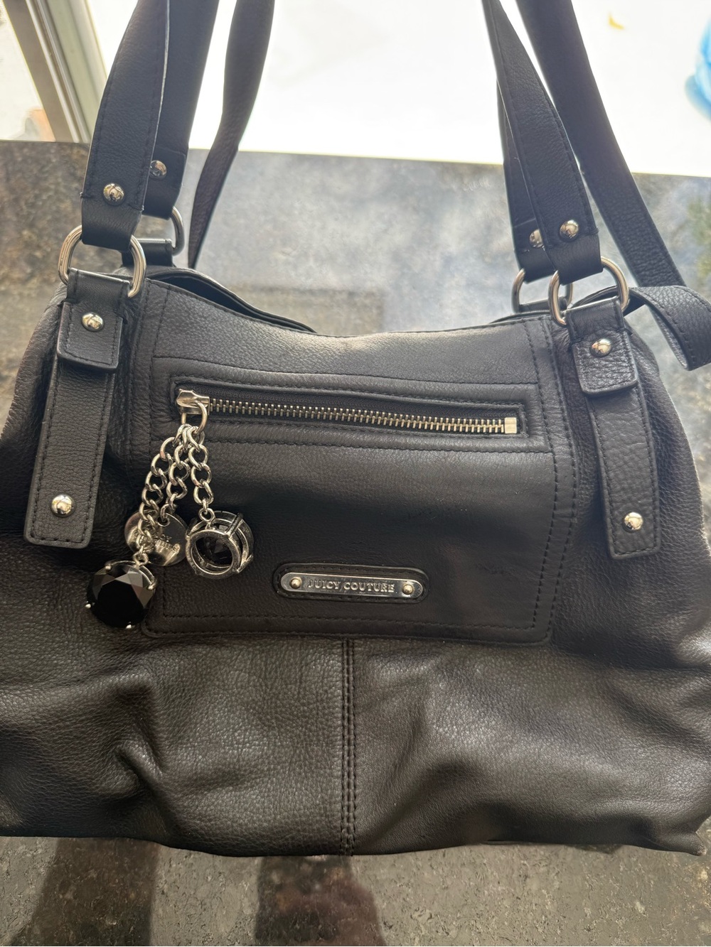 Y2K Vintage Juicy Couture Hobo Black Leather Shoulder Bag with Charm